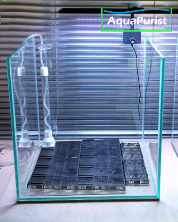 Bodenfilter happet 3 Bodenfilterplatten mit Steigrohr in einem leeren Aquarium