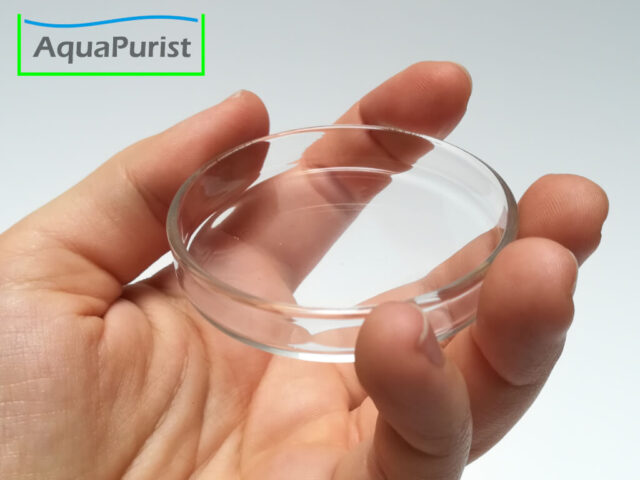 Futterschale aus Glas 5 Glas-Futterschale auf einer Hand als Größenvergleich