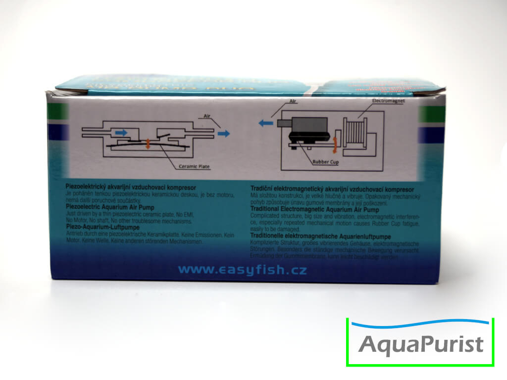 Verpackungsansicht der Piezo-Luftpumpe mit Anwendungshinweisen