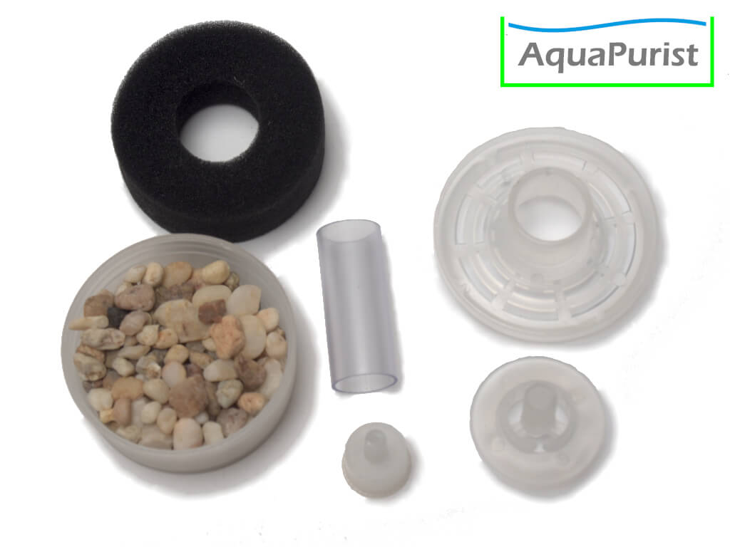 Zerlegter Schwammfilter mit Filterkammer und Filtermaterial