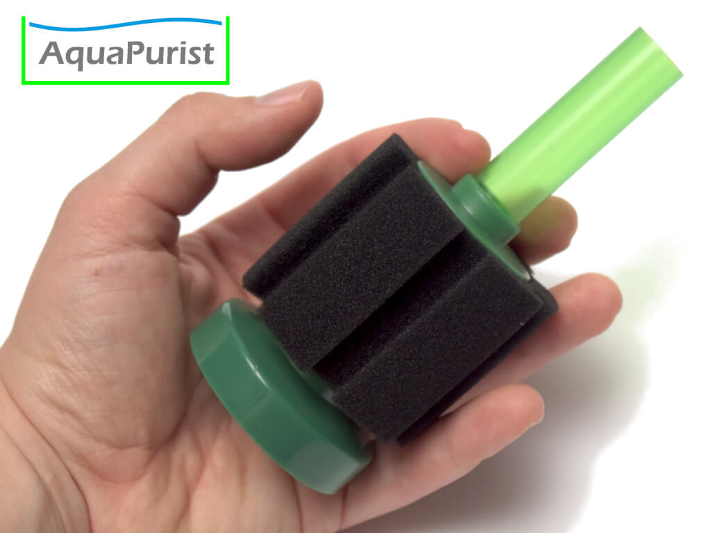 Kleiner Schwammfilter mit Standfuß auf einer Hand